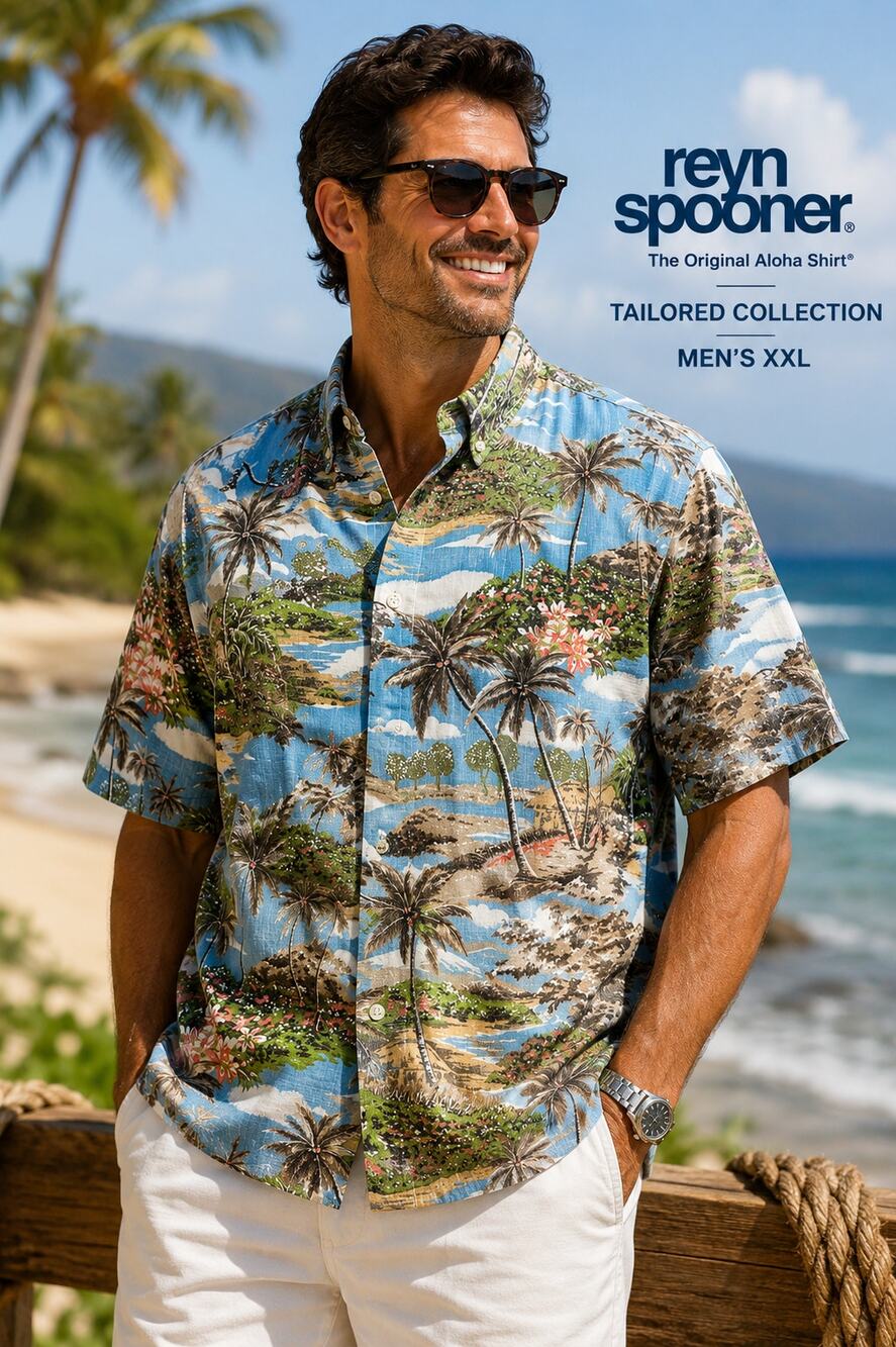 Reyn Spooner Tailored XXL Hawaiian Shirt Blue Tropical Scenic Aloha Button Up